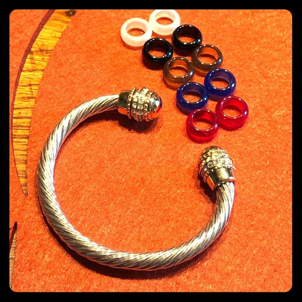 Silver Bangle Bracelet W/Multiple Colored Beads - image 1